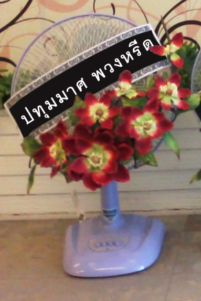 พวงหรีดพัดลมตั้งโต๊ะขนาด 16 นิ้ว ดอกสแว๊กสีแดง