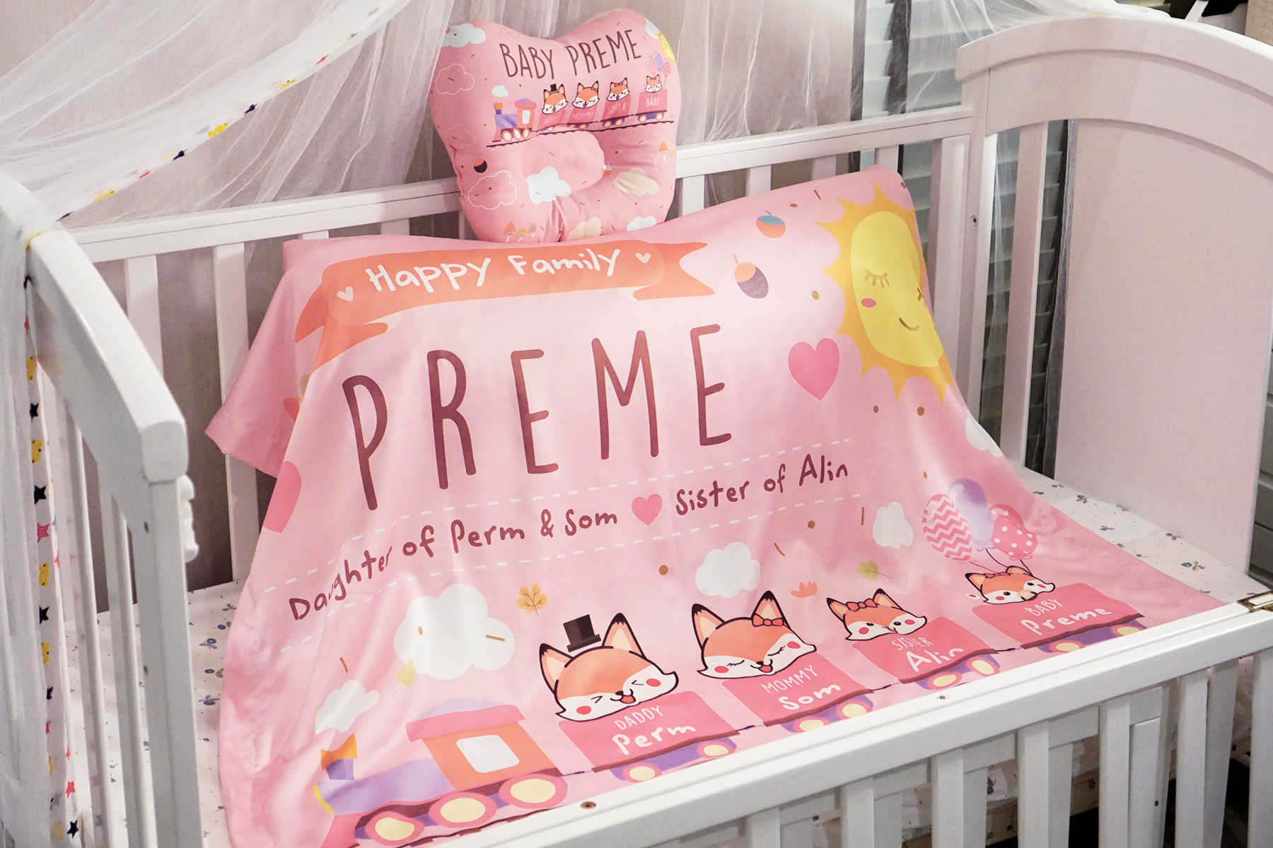 ชุดของขวัญเด็กแรกเกิด หมอนหลุม + ผ้าห่มขนาด 75x100cm ลาย Train with Fox - Pink