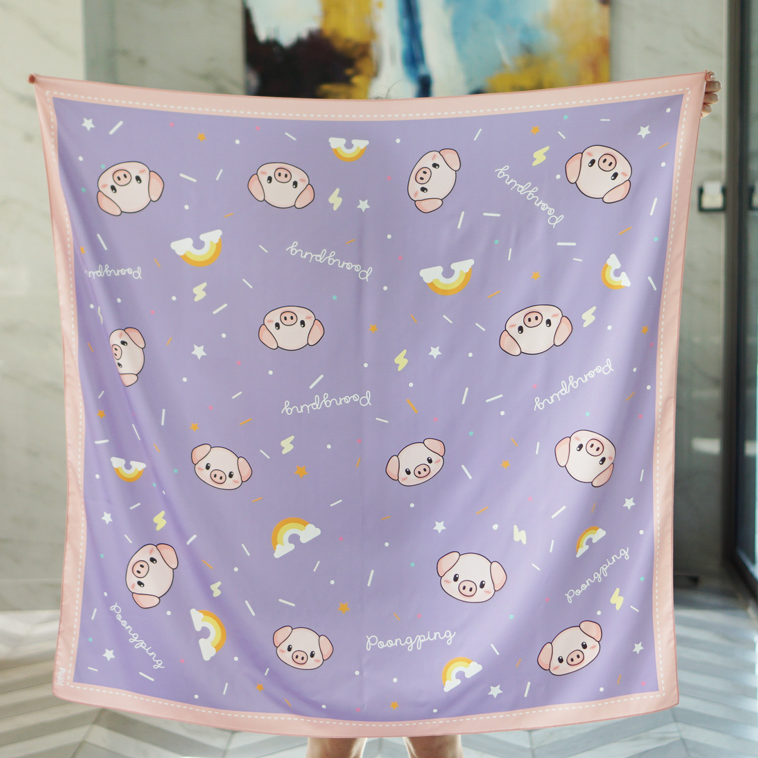 ผ้าพันคอ ลายหมู สีม่วง - Pig - Purple - สั่งทำใส่ชื่อ