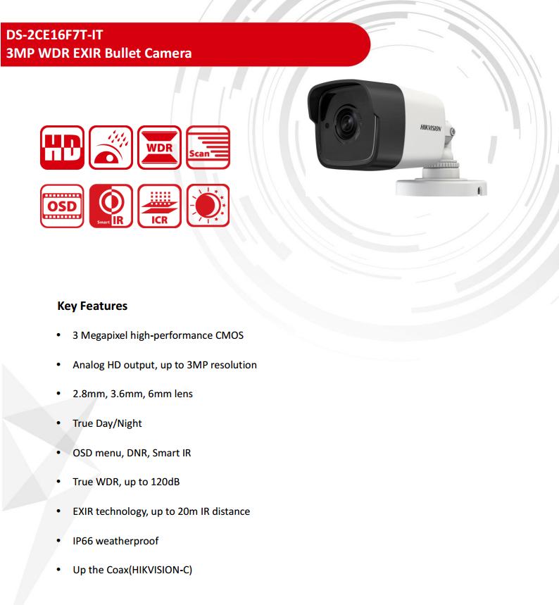 ขายถูก HIKVISION Turbo HD รุ่น DS-2CE16F7T-IT ความละเอียด 3 ล้านพิกเซล