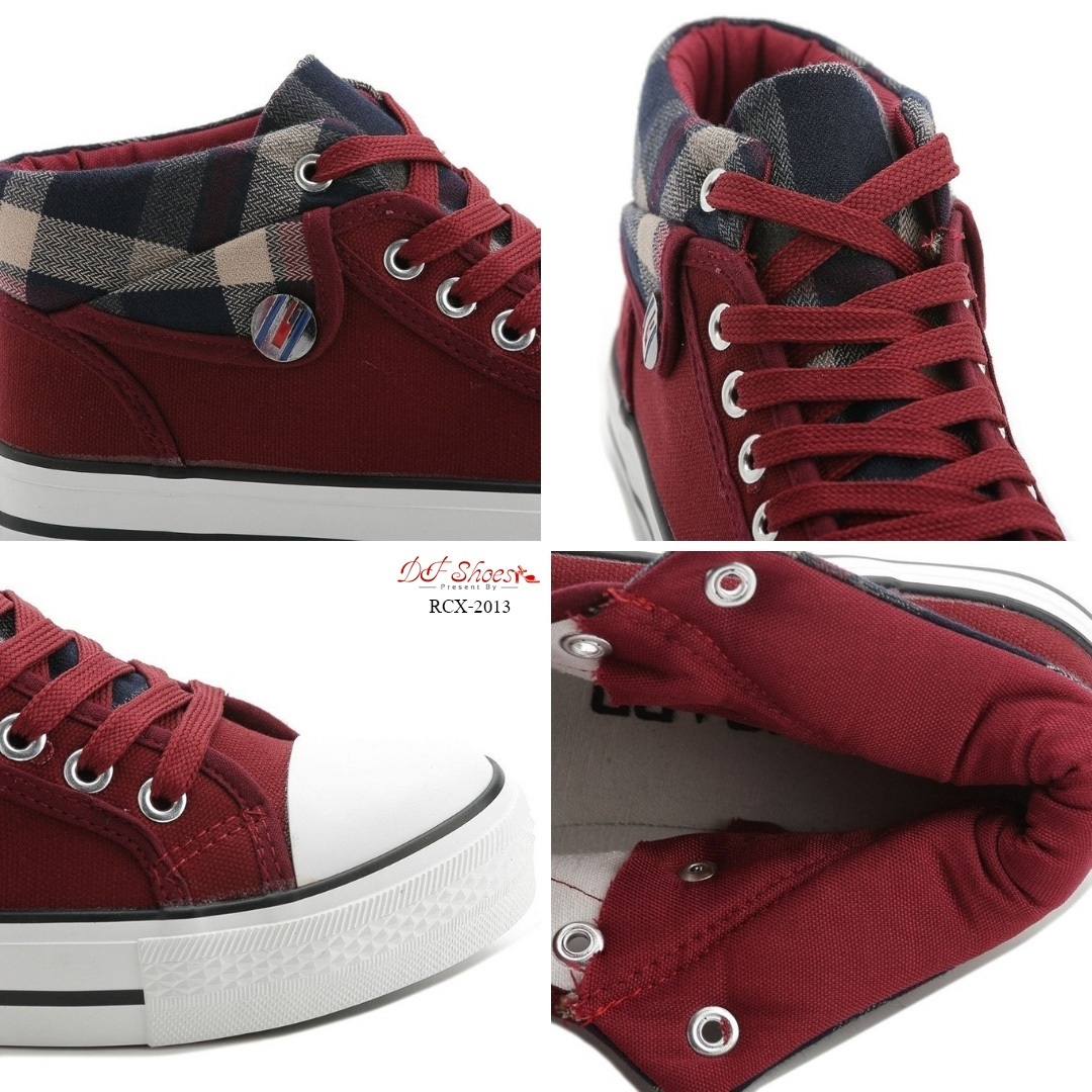 รองเท้าผ้าใบหุ้มข้อแต่งผ้าลายสก็อต (สีแดง)