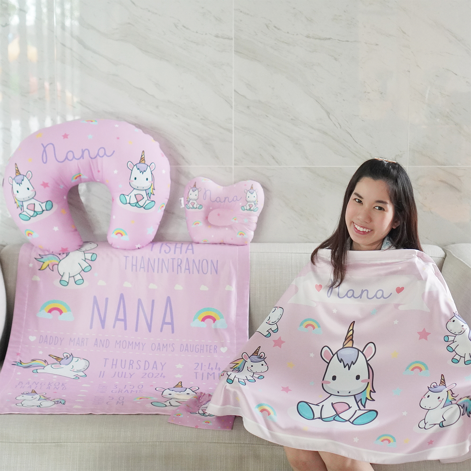 ชุดของขวัญเด็กแรกเกิด BP6 ผ้าห่ม ขนาด 75x100mcm + ผ้าคลุมให้นม 3in1 + หมอนรองให้นม + หมอนหลุม ลาย Unicorn - Pink Lavender