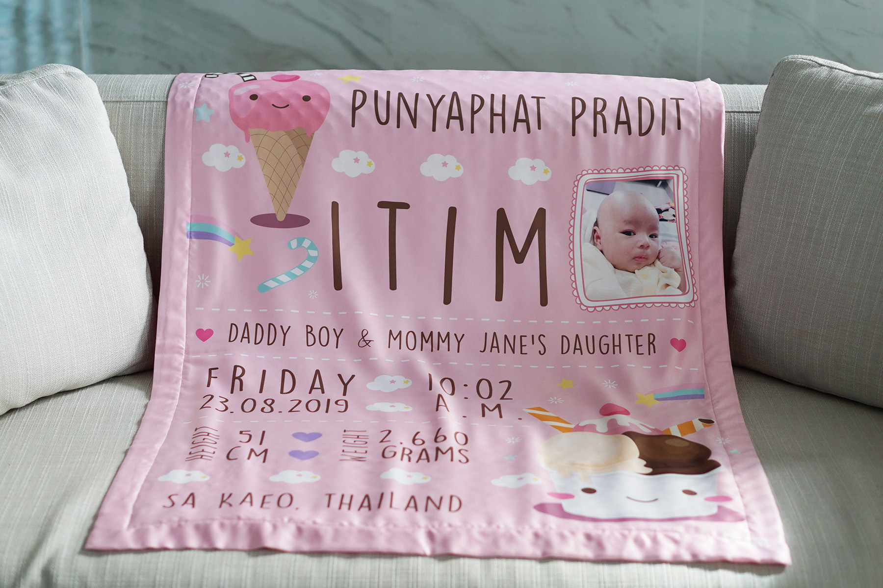 ผ้าห่มสั่งทำใส่ประวัติแรกเกิด ลายไอศกรีม - Ice-cream - Pink + ใส่รูปถ่าย