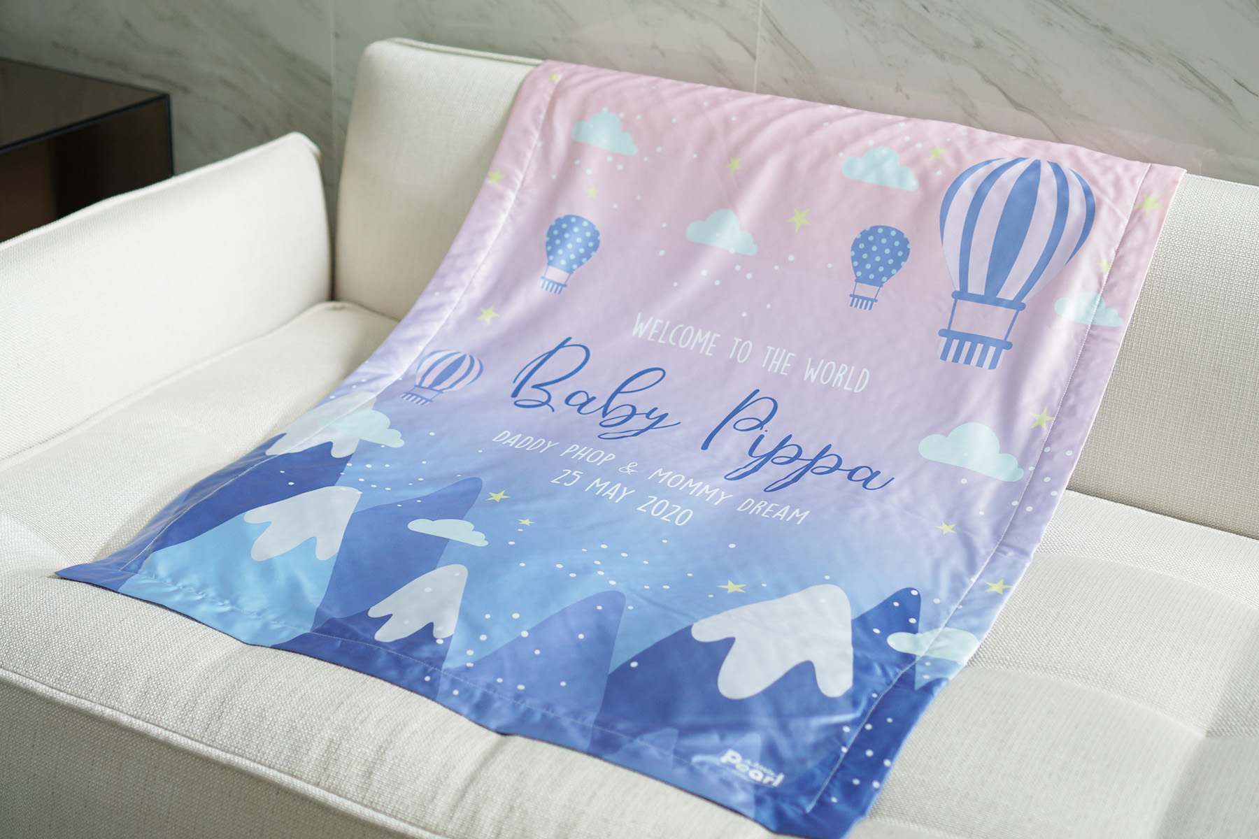 ผ้าห่มเด็ก ใส่ชื่อ ลายภูเขา - Mountain - Blue Pink