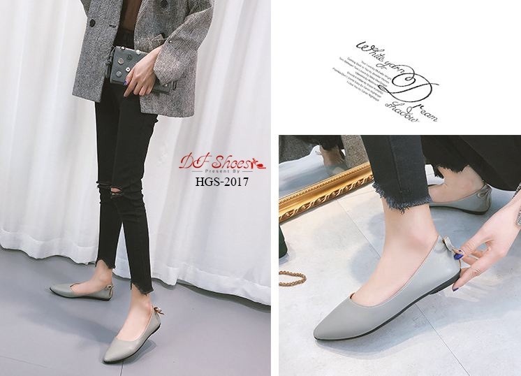 รองเท้าคัทชูส้นแบนแต่งโบว์หลัง (สีกากี)