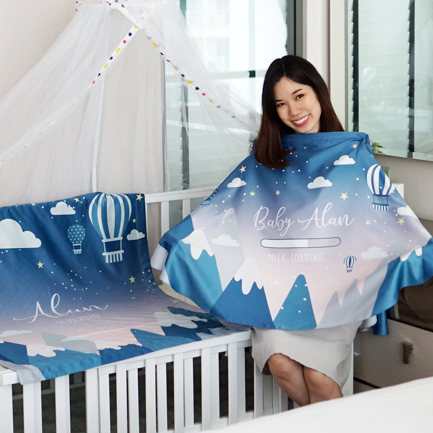 ชุดของขวัญเด็กแรกเกิด ผ้าคลุมให้นม + ผ้าห่มขนาด 75x100cm ลาย Mountain - Midnight