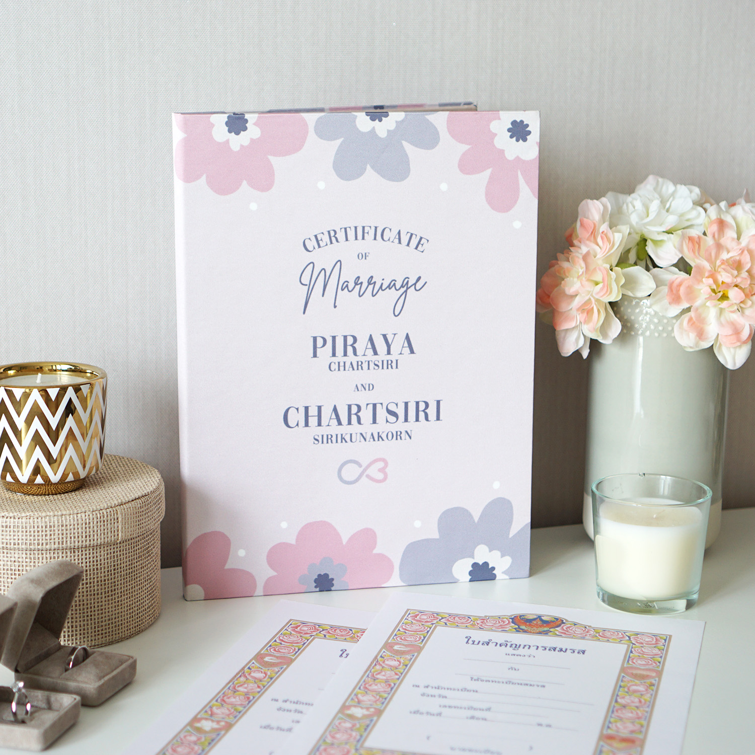 แฟ้มทะเบียนสมรส/สูติบัตร สั่งทำใส่ข้อความ ลาย Big Flower - Light Pink