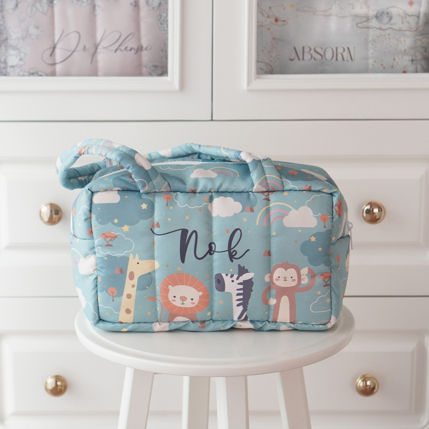 Fluffy Bowling Bag กระเป๋านุ่มนิ่ม ทรง Bowling สั่งทำใส่ข้อความ ลาย Safari - Green