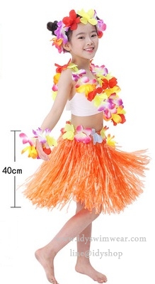 แบบที่ 2 ขนาด 40 cm สีส้ม กระโปรงเชือกฟาง อย่างหนา + เซทพวงมาลัยดอกไม้ 4 ชิ้น