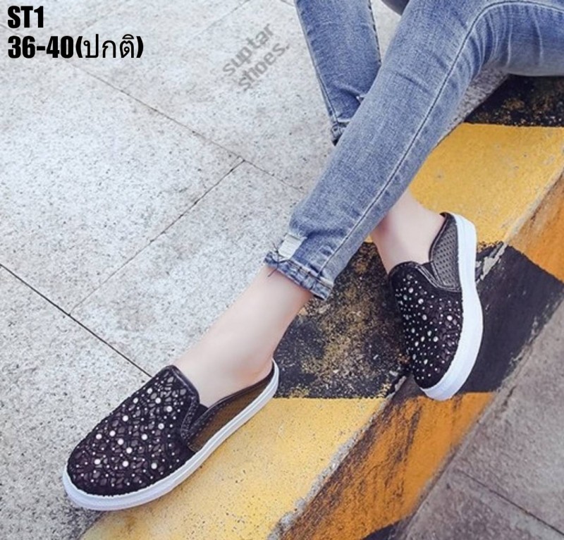 รองเท้าผ้าใบเปิดส้นแต่งผ้าลูกไม้ (สีดำ)