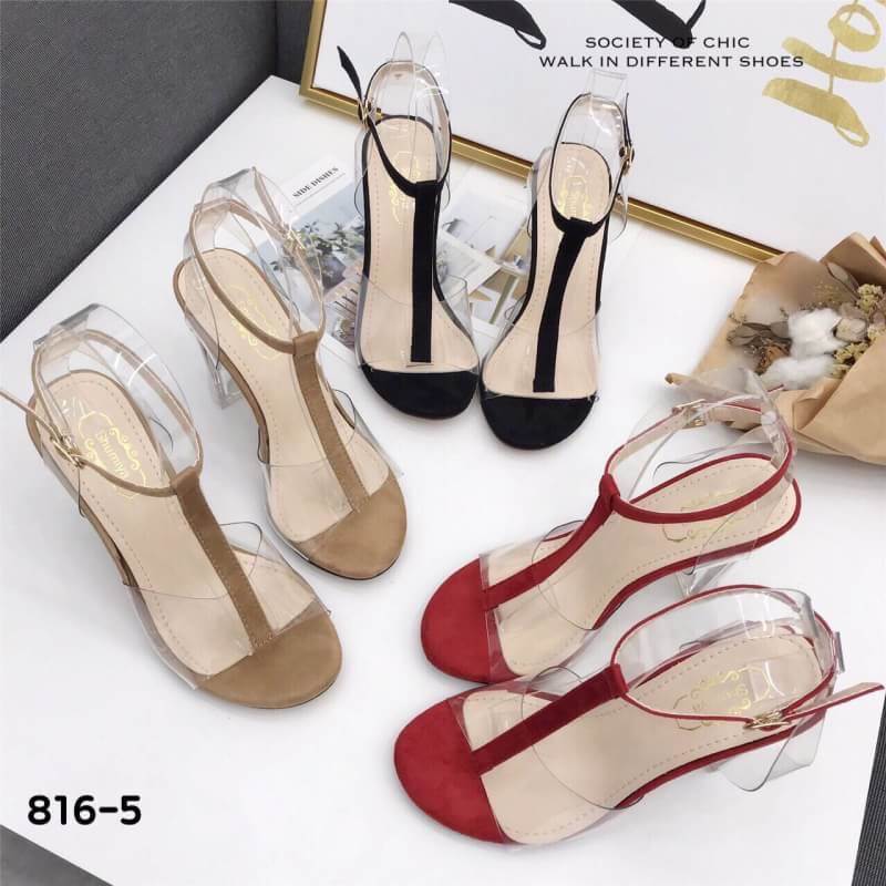 รองเท้าส้นแก้วทรง T-Strap (สีดำ)