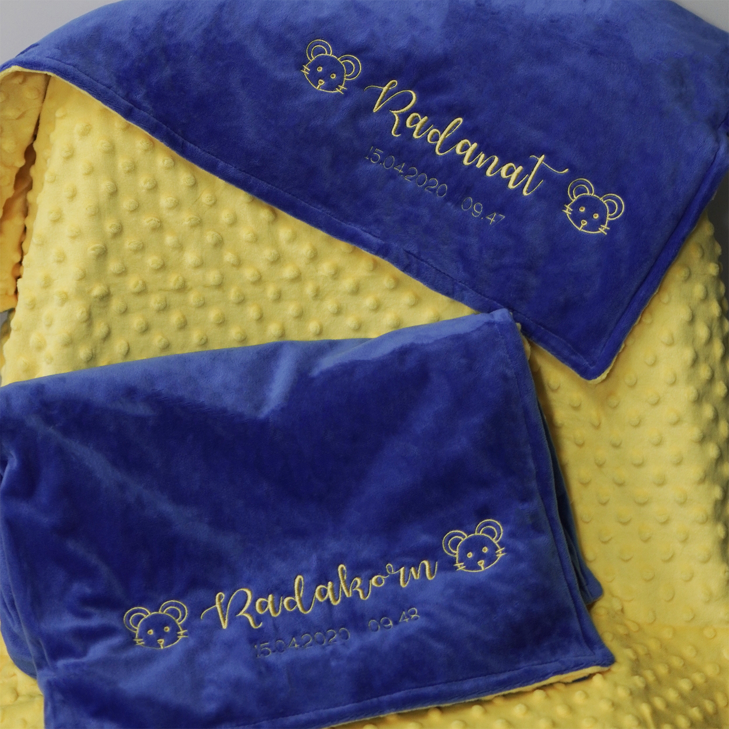 ผ้าห่ม Minky - สี Lemon-Navy 75x100cm แบบปักชื่อ+icon - Mouse