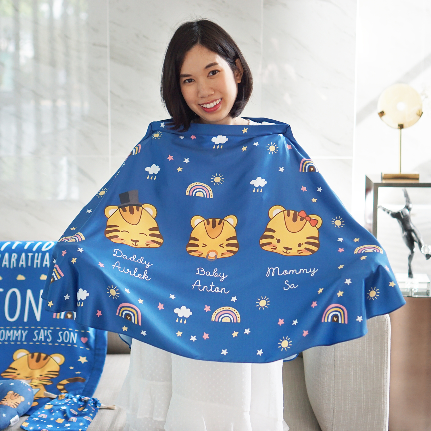 ผ้าคลุมให้นม สั่งทำใส่ชือ ลาย Tiger - Dark Blue
