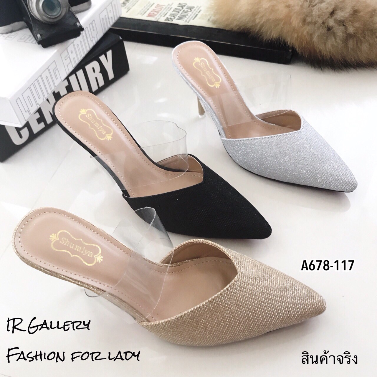 รองเท้ากลิตเตอร์เปิดส้นหัวแหลม (สีทอง)