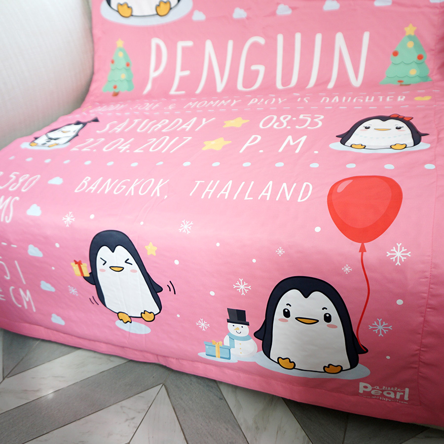 ผ้าห่ม ใส่ประวัติแรกเกิด ลายเพนกวิ้น สีชมพู ไซส์ใหญ่ 100x150cm / Penguin - Pink