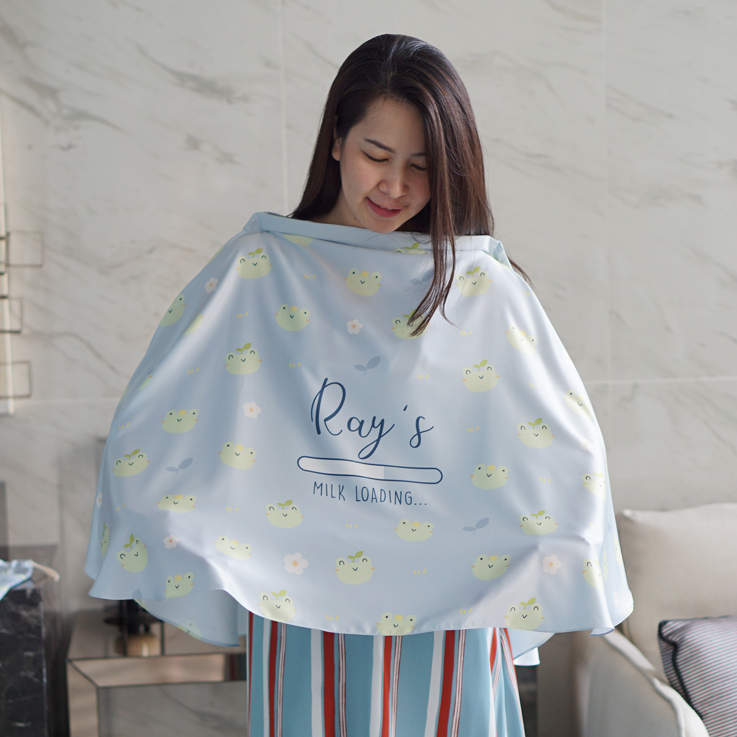 ผ้าคลุมให้นม สั่งทำใส่ชือ ลาย Pattern - Frog - Blue