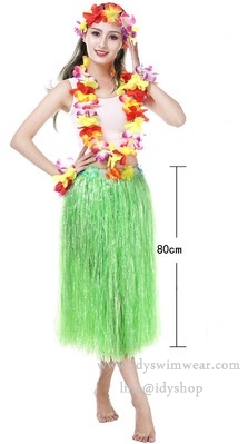 แบบที่ 2 ขนาด 80 cm สีเขียว กระโปรงเชือกฟาง ฮาวาย อย่างหนา + เซทพวงมาลัยดอกไม้ 4 ชิ้น