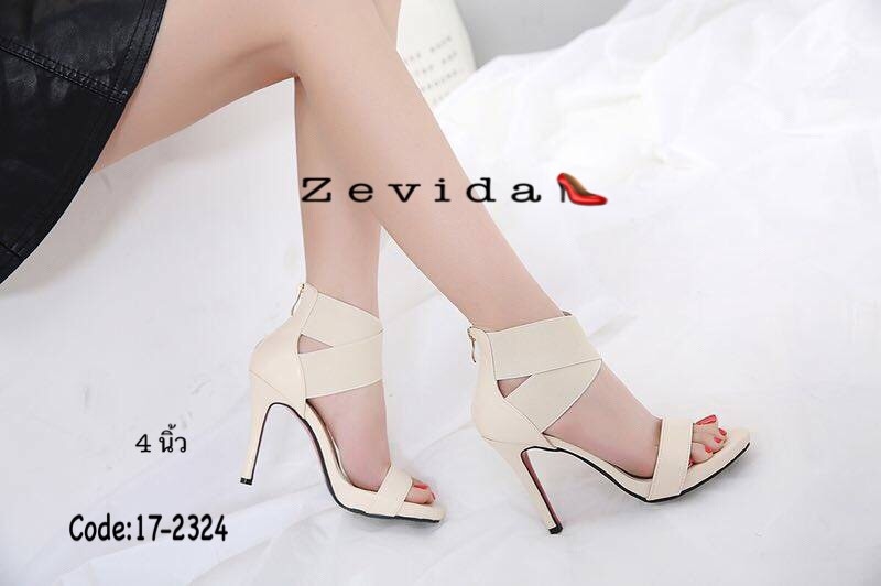 รองเท้าส้นสูงสายคาดแต่งซิป (สีเทา)