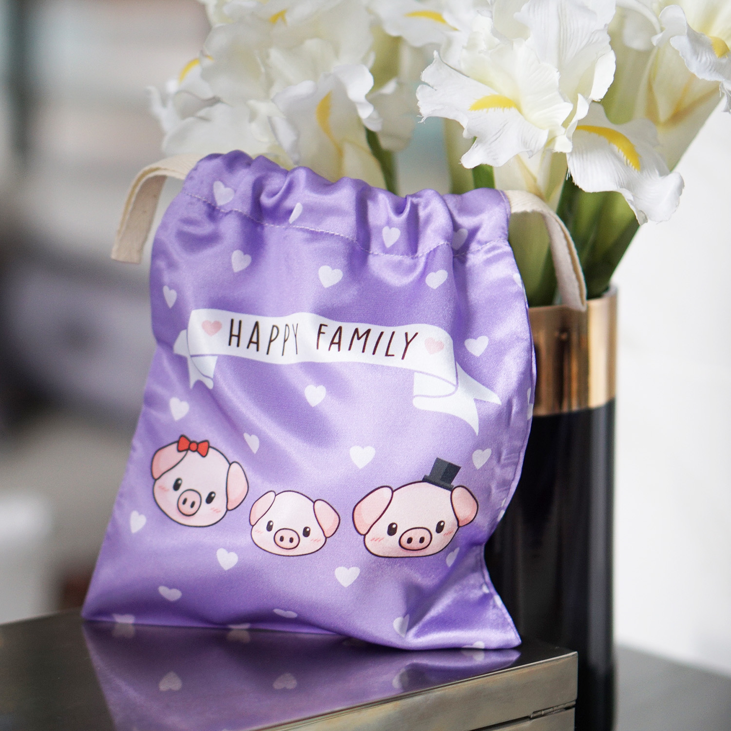 ถุงผ้าซาติน ลาย Pig - Purple