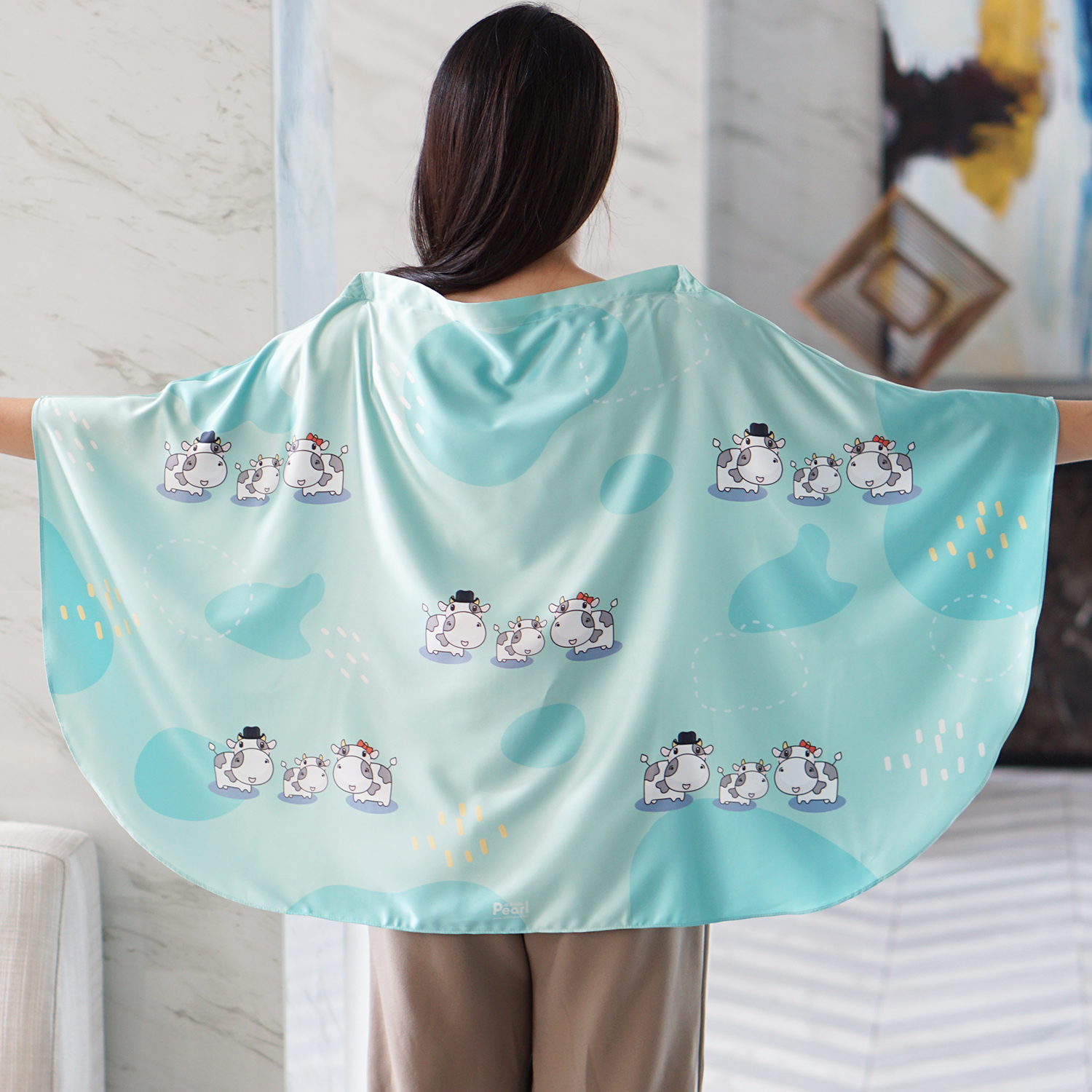 ชุดของขวัญเด็กแรกเกิด ผ้าคลุมให้นม + ผ้าห่มขนาด 75x100cm ลาย Cow1 - Mint