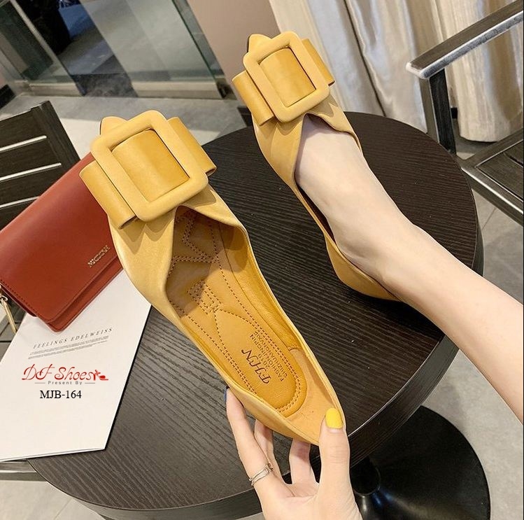 รองเท้าคัทชูส้นแบนแต่งโบว์เข็มขัด (สีเขียว)