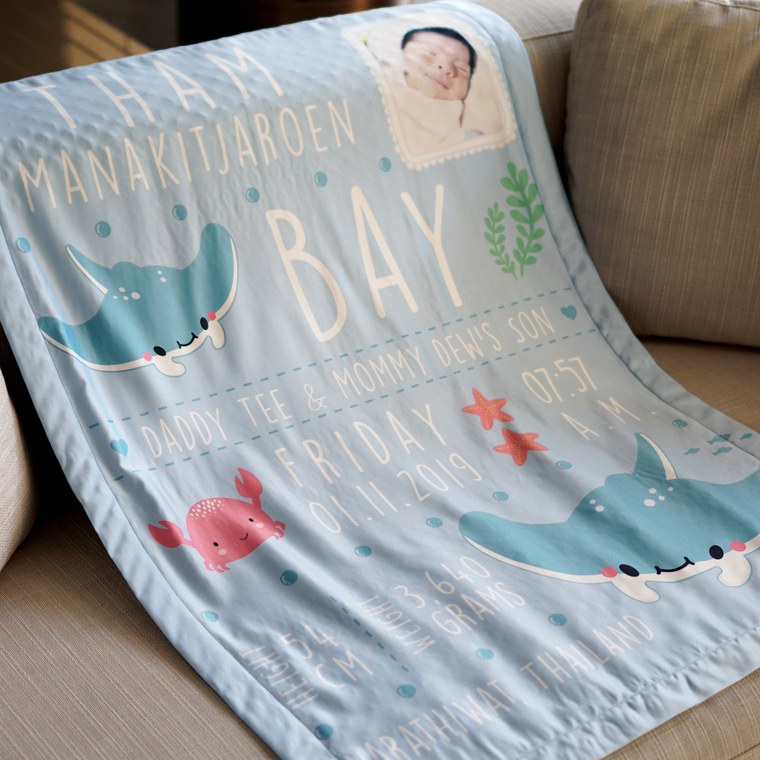 ผ้าห่มเด็ก ใส่ประวัติแรกเกิด ลายกระเบน - Mantaray - Mint + เพิ่มรูปถ่าย