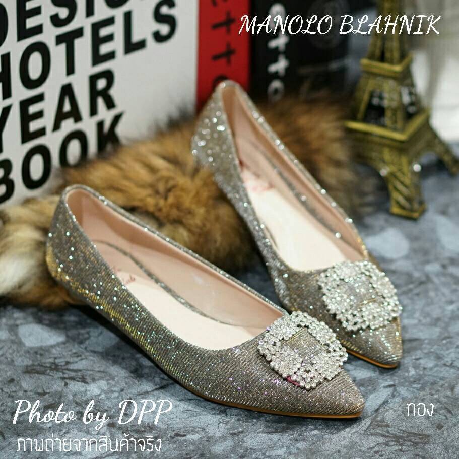 พร้อมส่ง : รองเท้าแฟชั่น Manolo Blahnik Glitter Flat (สีทอง)
