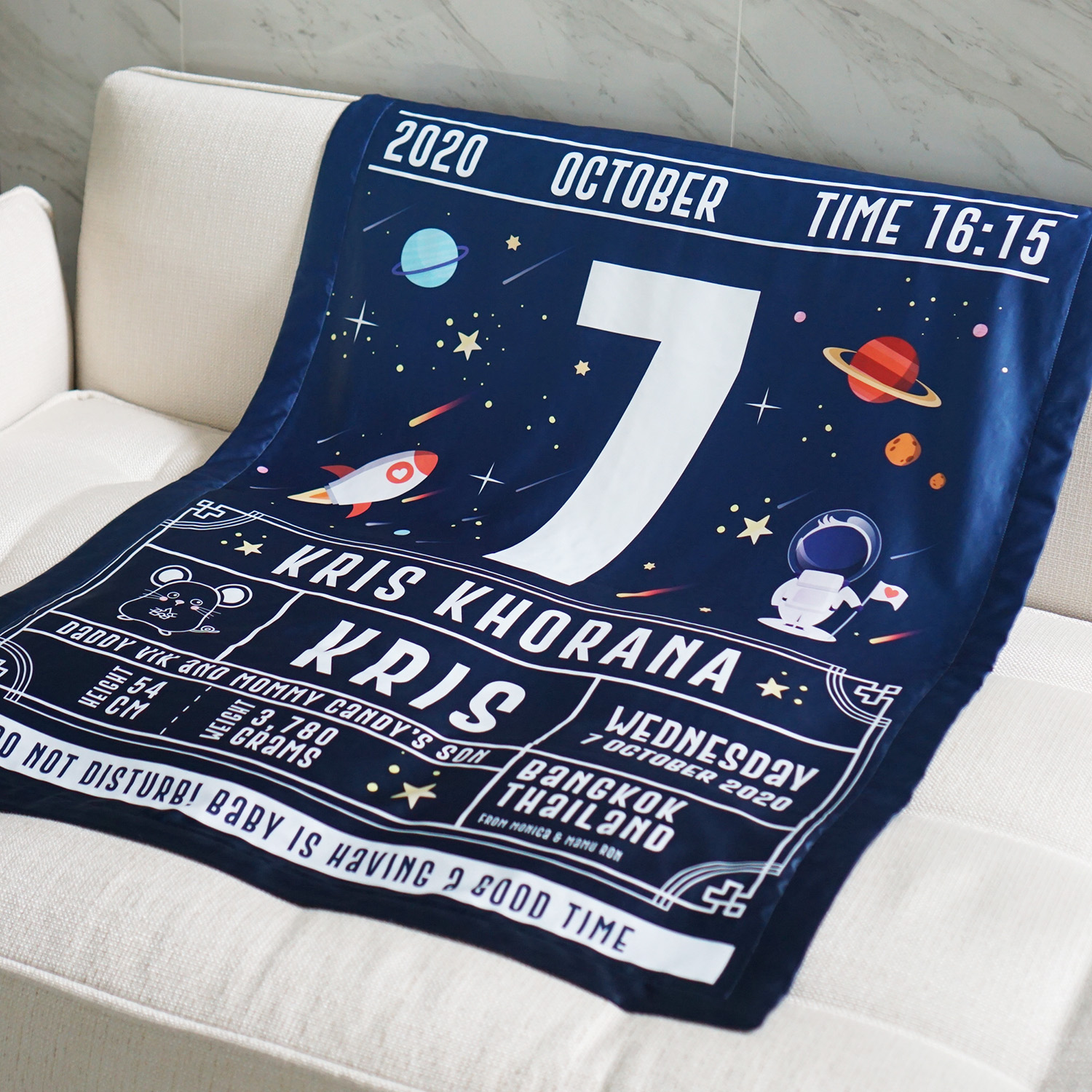 ผ้าห่มเด็ก ใส่ประวัติแรกเกิด ลาย Chinese Calendar - Space - Navy