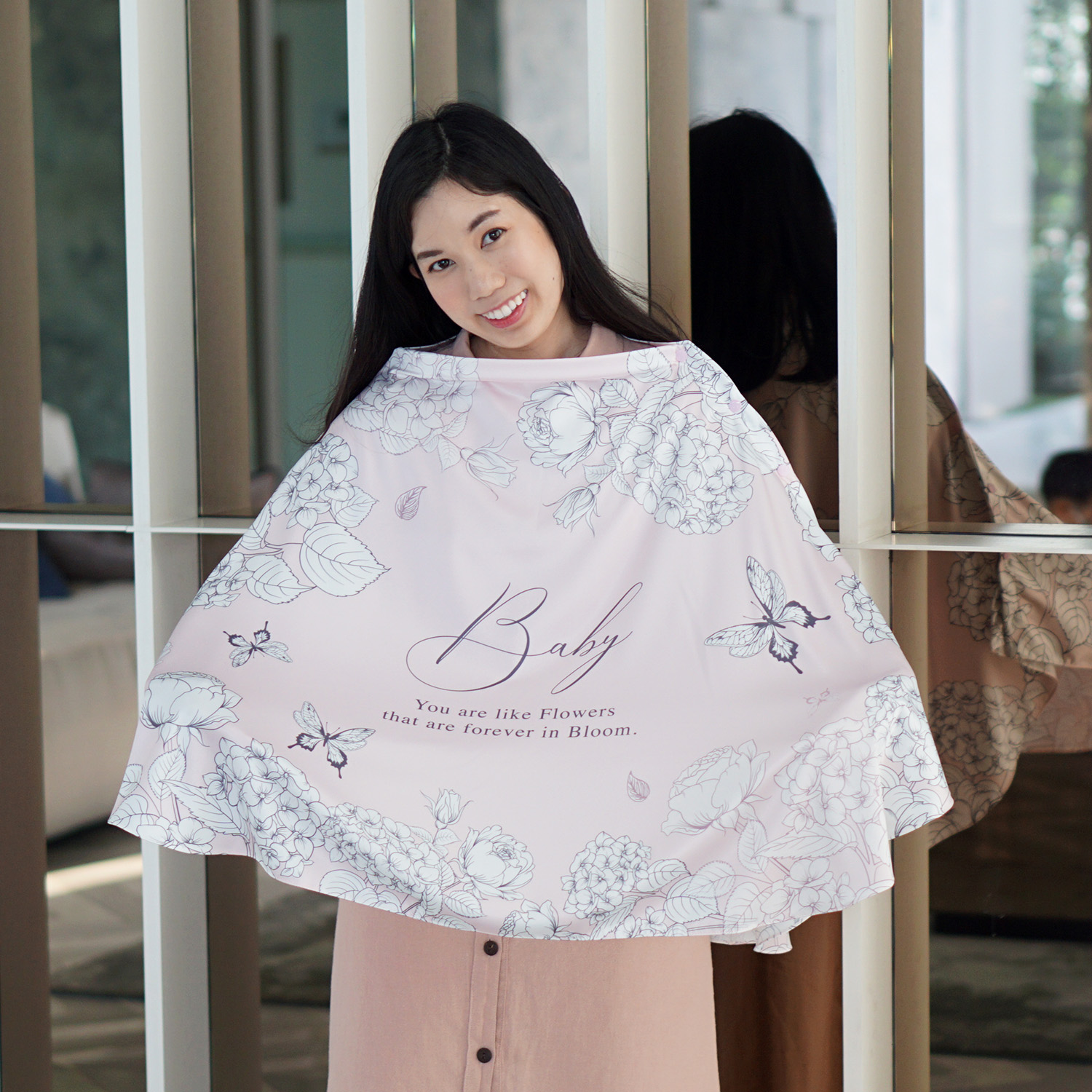ผ้าคลุมให้นม (รุ่นมีกระดุม ถอดโครงได้) พร้อมส่ง ลาย Butterfly Vintage - Pink