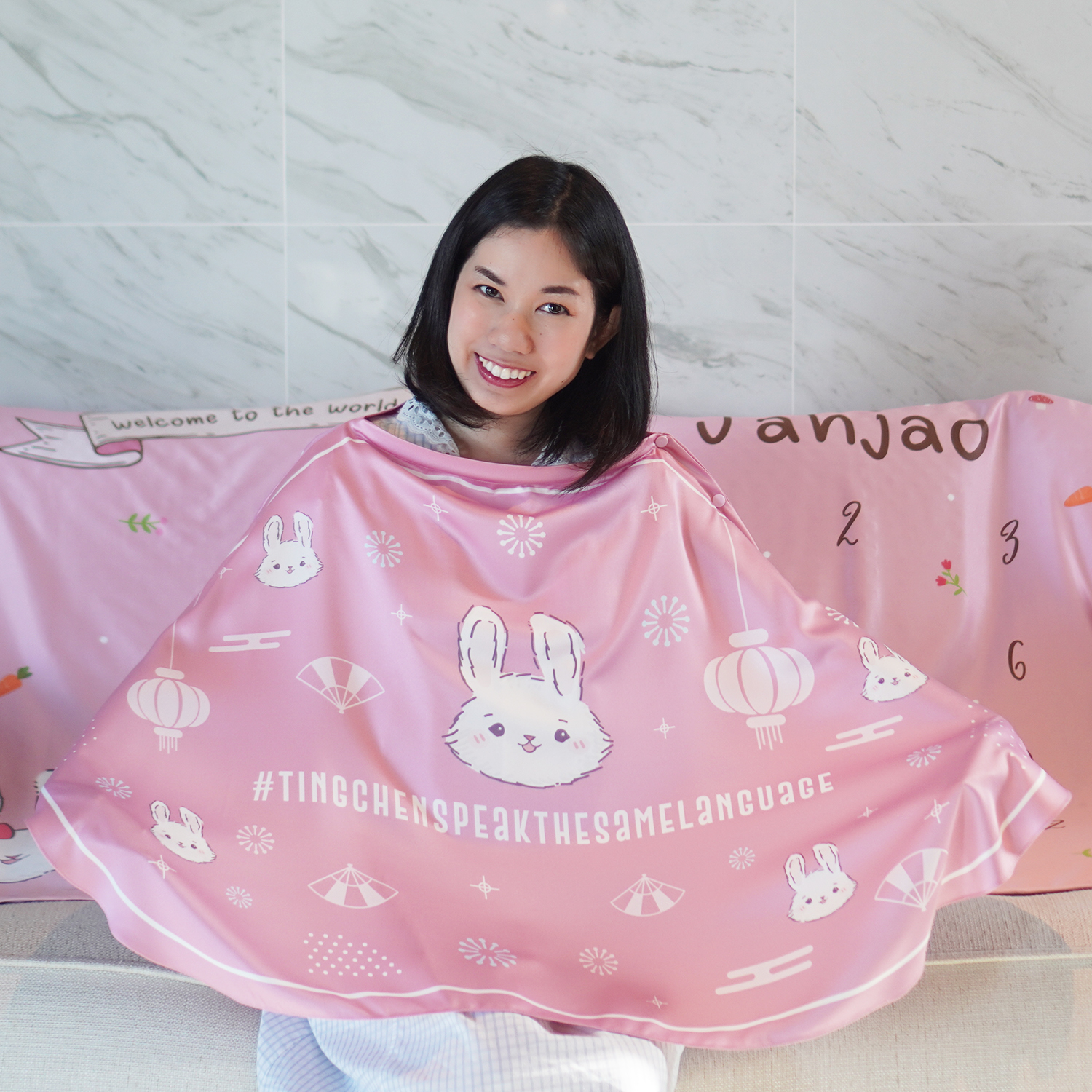 ผ้าคลุมให้นม 3in1 (รุ่นมีกระดุม ถอดโครงได้) แบบสั่งทำใส่ชื่อ ลาย Rabbit - Chinese - Pink