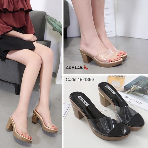 รองเท้าส้นเตี้ยเปิดส้นแต่งคาดใส (สีครีม)