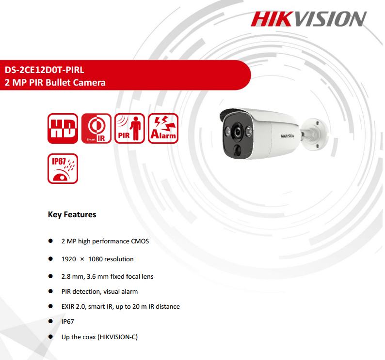ขายถูก HIKVISION Turbo HD รุ่น DS-2CE12D0T-PIRL(3.6mm) 2 ล้านพิกเซล PIR Bullet กล้องที่มี PIR Sensor ตรวจจับความเคลื่อนไหวและส่งเสียงแจ้งเตือนทันที