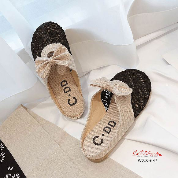 รองเท้าลูกไม้เปิดส้นแต่งโบว์ (สีดำ)