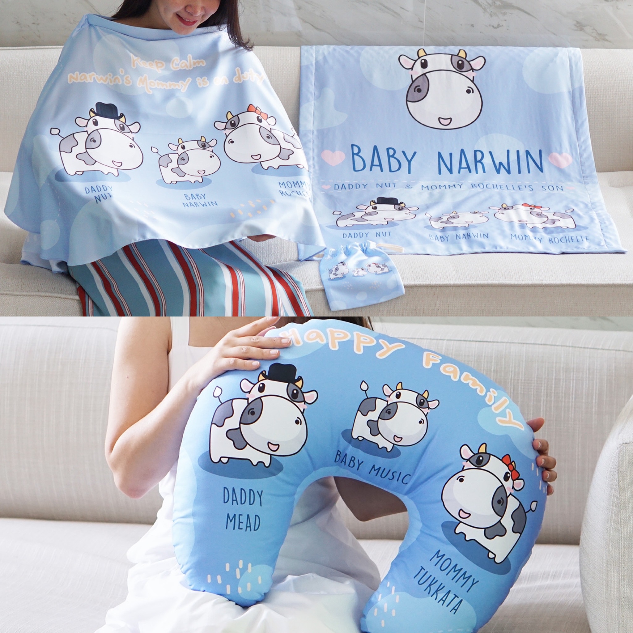 ชุดของขวัญเด็กแรกเกิด NP3 ผ้าห่ม ขนาด 75x100cm + ผ้าคลุมให้นม + หมอนรองให้นม ลาย Cow1 - Indigo