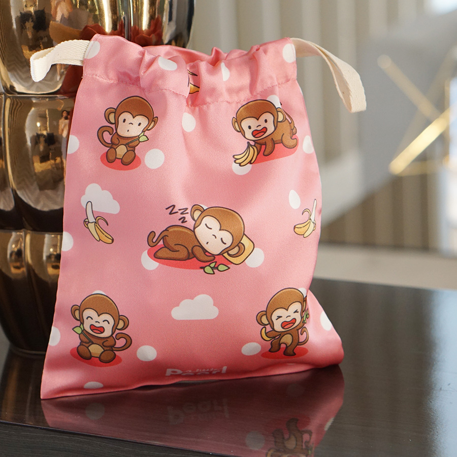 ถุงผ้าซาติน ลายลิงสีชมพู - Monkey - Pink