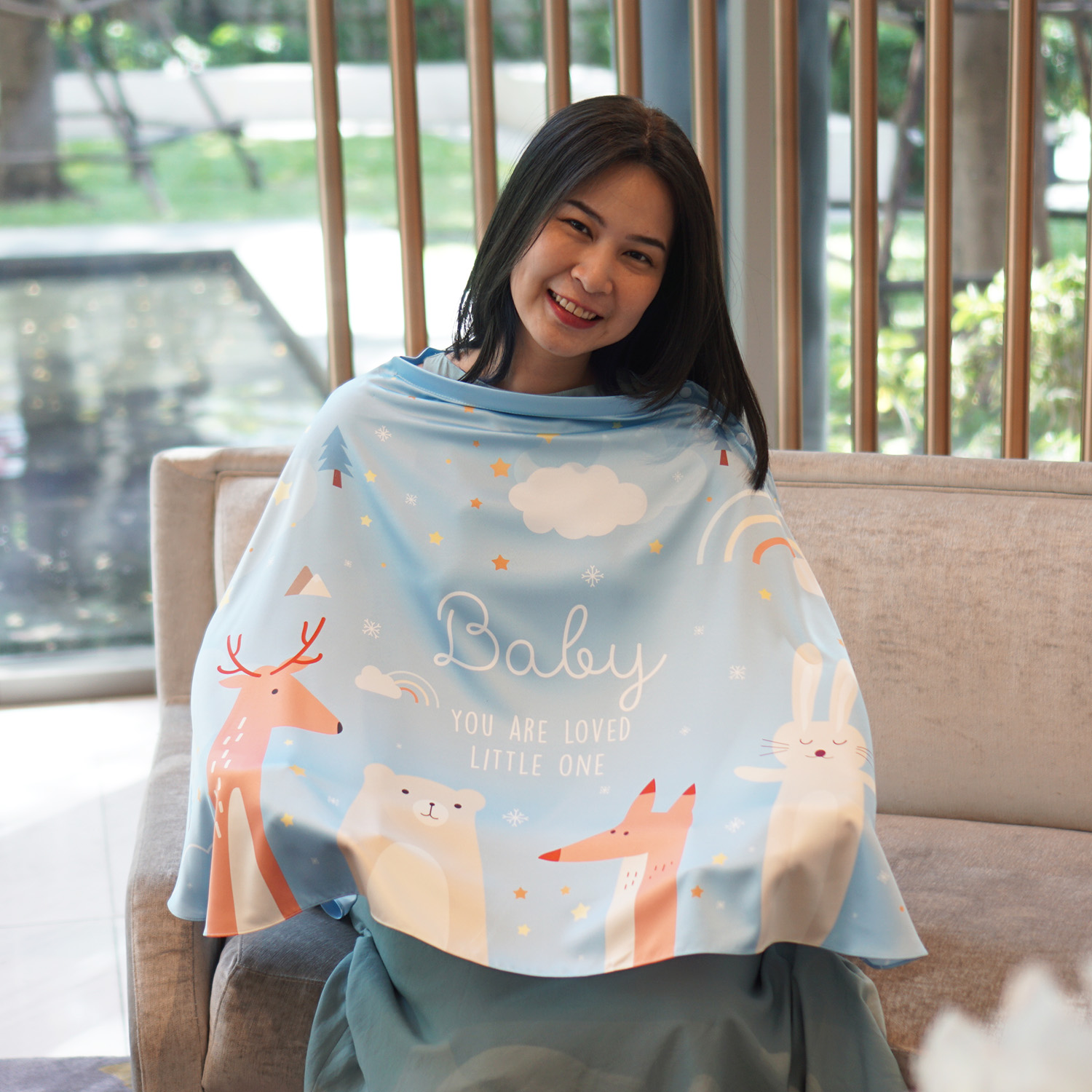 ผ้าคลุมให้นม 3in1 (รุ่นมีกระดุม ถอดโครงได้) แบบสั่งทำใส่ชื่อ ลาย Woodland - Blue