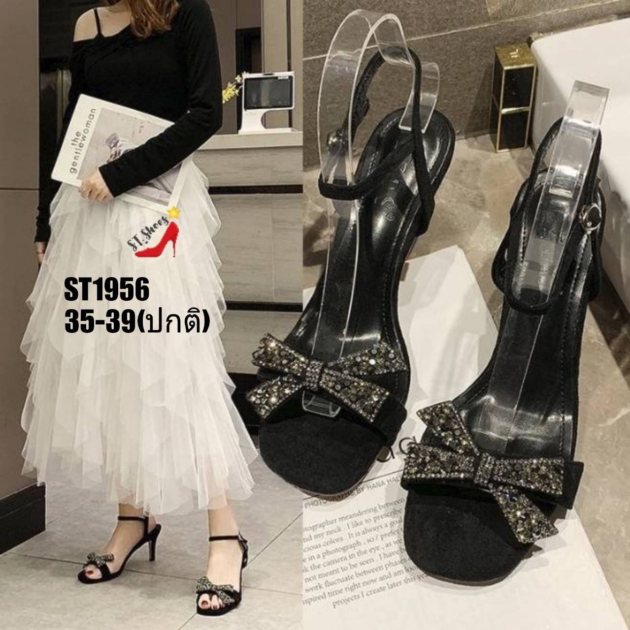 รองเท้าส้นสูงแต่งโบว์เพชร
