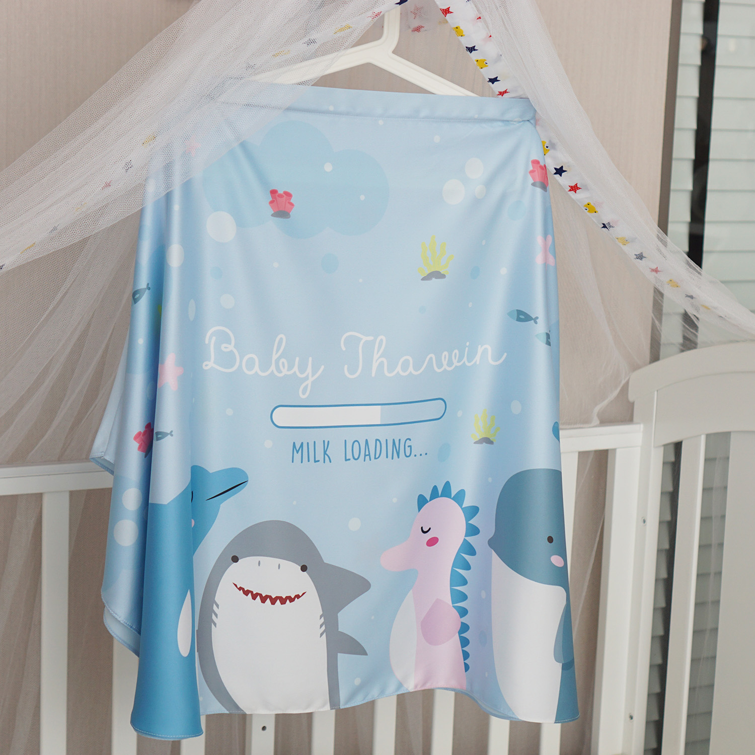 ผ้าคลุมให้นม สั่งทำใส่ชือ ลาย Sea Party - Blue