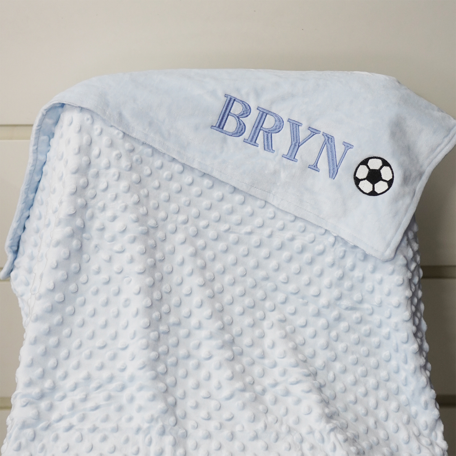 ผ้าห่ม Minky - สีฟ้า 75x100cm แบบปักชื่อ+icon - Football