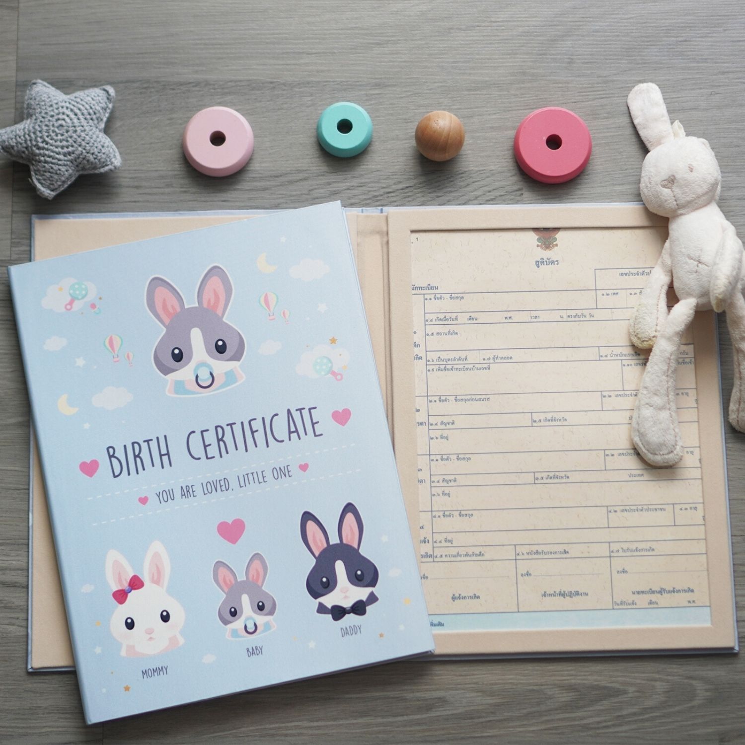 แฟ้มใส่สูติบัตร แบบพร้อมส่ง ลาย Rabbit - Blue