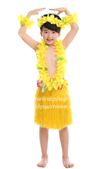 รุ่นเด็ก แบบที่ 2 ขนาด 40 cm สีเหลือง กระโปรงเชือกฟาง อย่างหนา + เซทพวงมาลัยดอกไม้ 4 ชิ้น