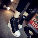 รองเท้าผ้าใบส้นเตารีดสไตล์แฟชั่นเกาหลี (สีดำ)