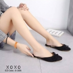 รองเท้าส้นแบนเปิดส้นแต่งโบว์ (สีดำ)