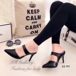 รองเท้าส้นสูงเปิดส้นหัวแหลมแต่งสายคาด (สีดำ)