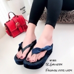 รองเท้าแตะเสริมส้นแต่งโบว์กำมะหยี่ (สีกรม)