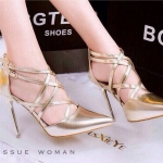 รองเท้าส้นเข็มหนังเงาไขว้2ชั้น (สีทอง)