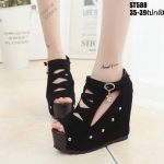 รองเท้าส้นเตารีดเปิดข้างแต่งซิปหลัง