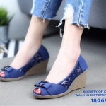 รองเท้าคัทชูส้นเตารีดแต่งลายลูกไม้ (สีน้ำเงิน)