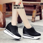 รองเท้าผ้าใบซาตินเสริมส้นสไตล์แฟชั่นเกาหลี (สีดำ)