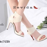 รองเท้าส้นสูงสายคาดแต่งซิป (สีครีม)